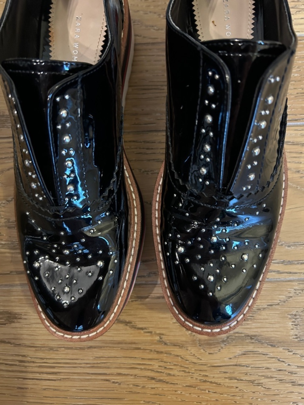 Zara Women Black Patent Studded Platform Derby Shoes size 38 - Picture 4 of 9